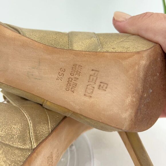 Fendi Heels Women's Size 5.5 Gold Metallic Leather Fabric Platform - Picture 11 of 16